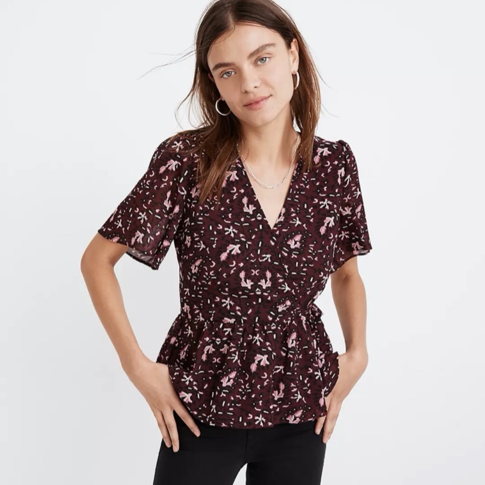 Madewell Georgette Flutter Sleeve Peplum Blouse in Rich Paisley Sz XXS